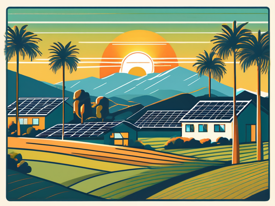 A vibrant california landscape featuring solar panels on rooftops and in open fields